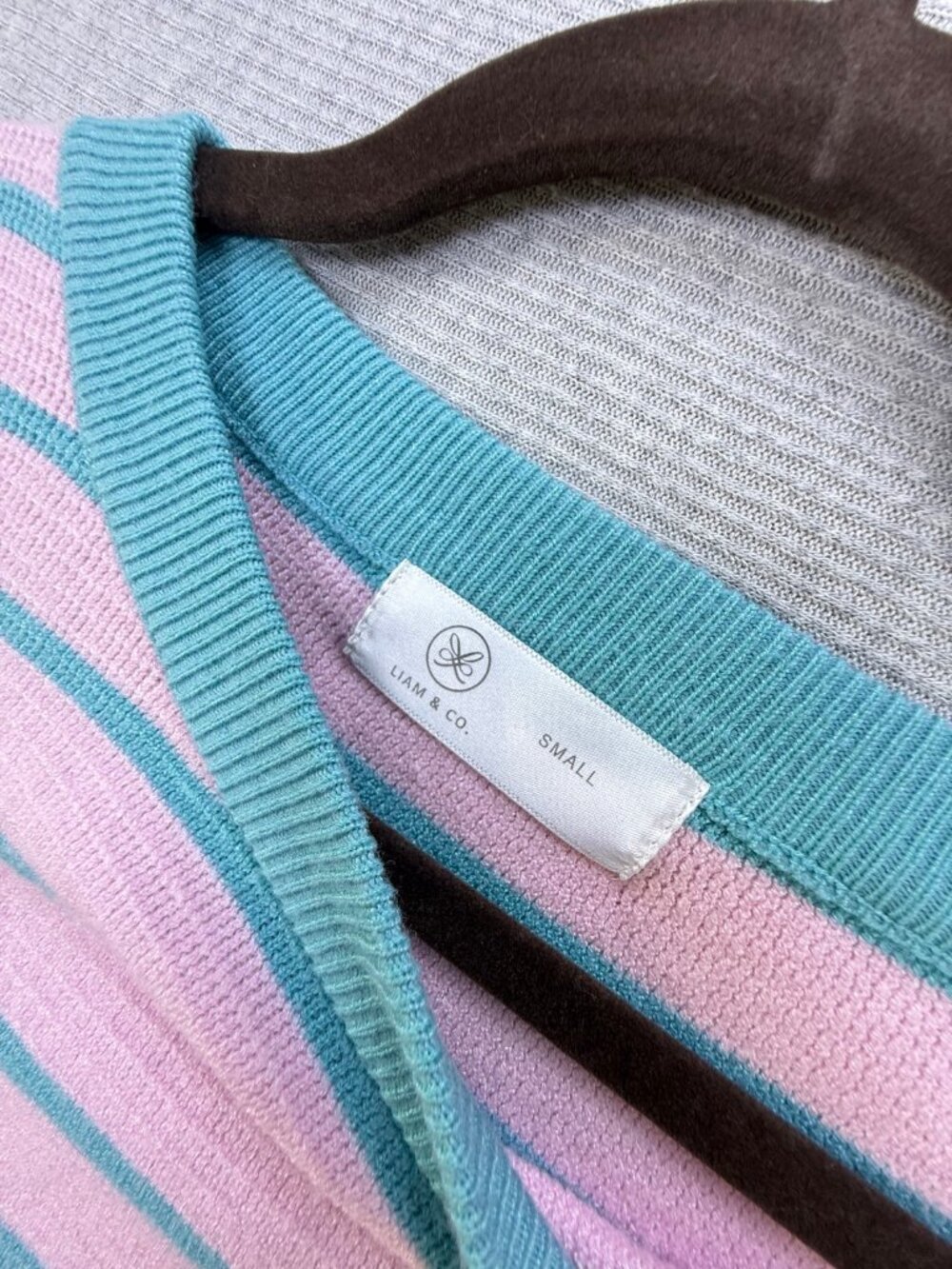 Liam & Co Pastel Pink Teal Striped Knit Sweater Crew Neck Womens S - Picture 2 of 4
